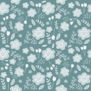 White floral on grey blue
