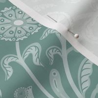 Jumping foxes maximalist folk floral damask - classic dusty green monochrome  - large