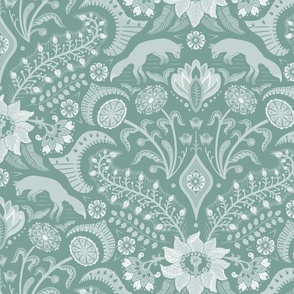 Jumping foxes maximalist folk floral damask - classic dusty green monochrome  - large