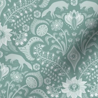 Jumping foxes maximalist folk floral damask - classic dusty green monochrome  - medium