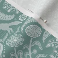 Jumping foxes maximalist folk floral damask - classic dusty green monochrome  - medium