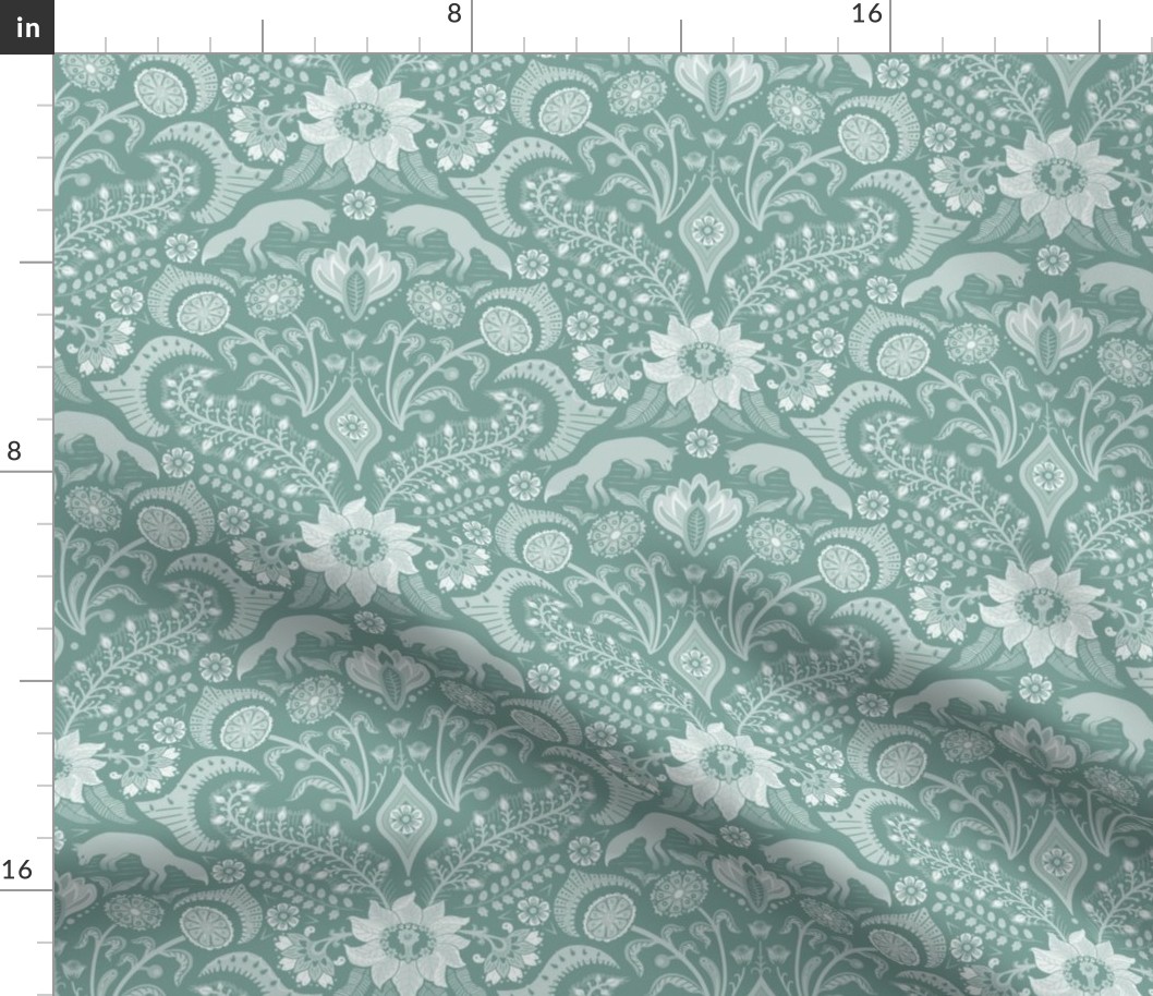 Jumping foxes maximalist folk floral damask - classic dusty green monochrome  - medium