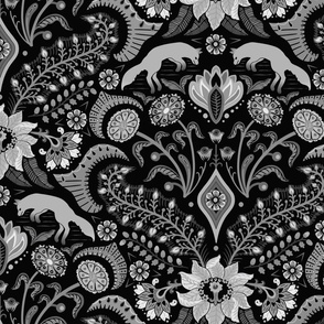 Jumping foxes maximalist folk floral damask - greyscale, black, silver and white monochrome  - large