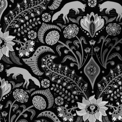 Jumping foxes maximalist folk floral damask - greyscale, black, silver and white monochrome  - medium