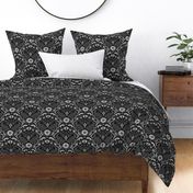 Jumping foxes maximalist folk floral damask - greyscale, black, silver and white monochrome  - medium