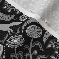 Jumping foxes maximalist folk floral damask - greyscale, black, silver and white monochrome  - medium