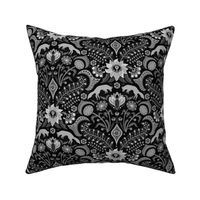 Jumping foxes maximalist folk floral damask - greyscale, black, silver and white monochrome  - medium