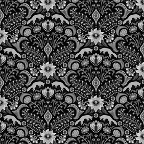 Jumping foxes maximalist folk floral damask - greyscale, black, silver and white monochrome  - medium