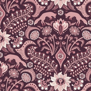 Jumping foxes maximalist folk floral damask - burgundy and dusty rose  - large