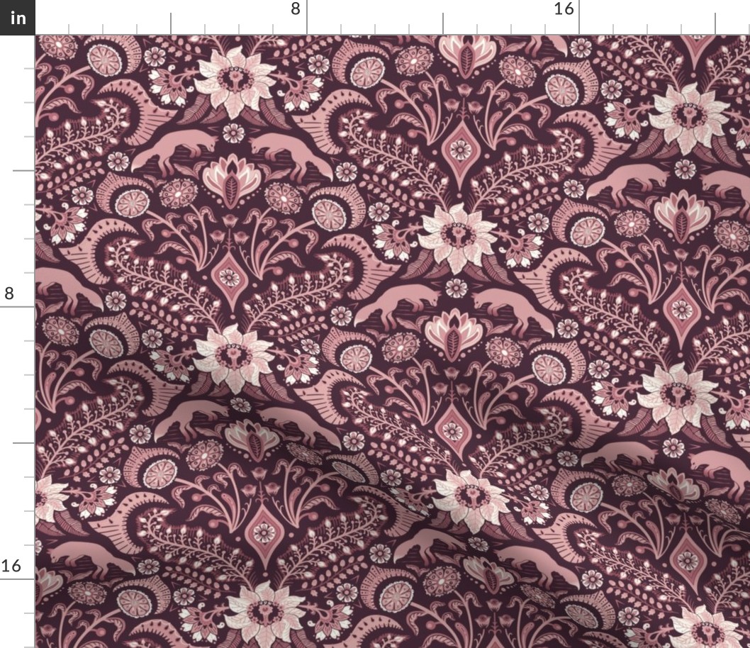 Jumping foxes maximalist folk floral damask - burgundy and dusty rose  - medium