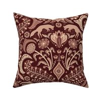 Jumping foxes maximalist folk floral damask - burgundy and warm terracotta clay - large