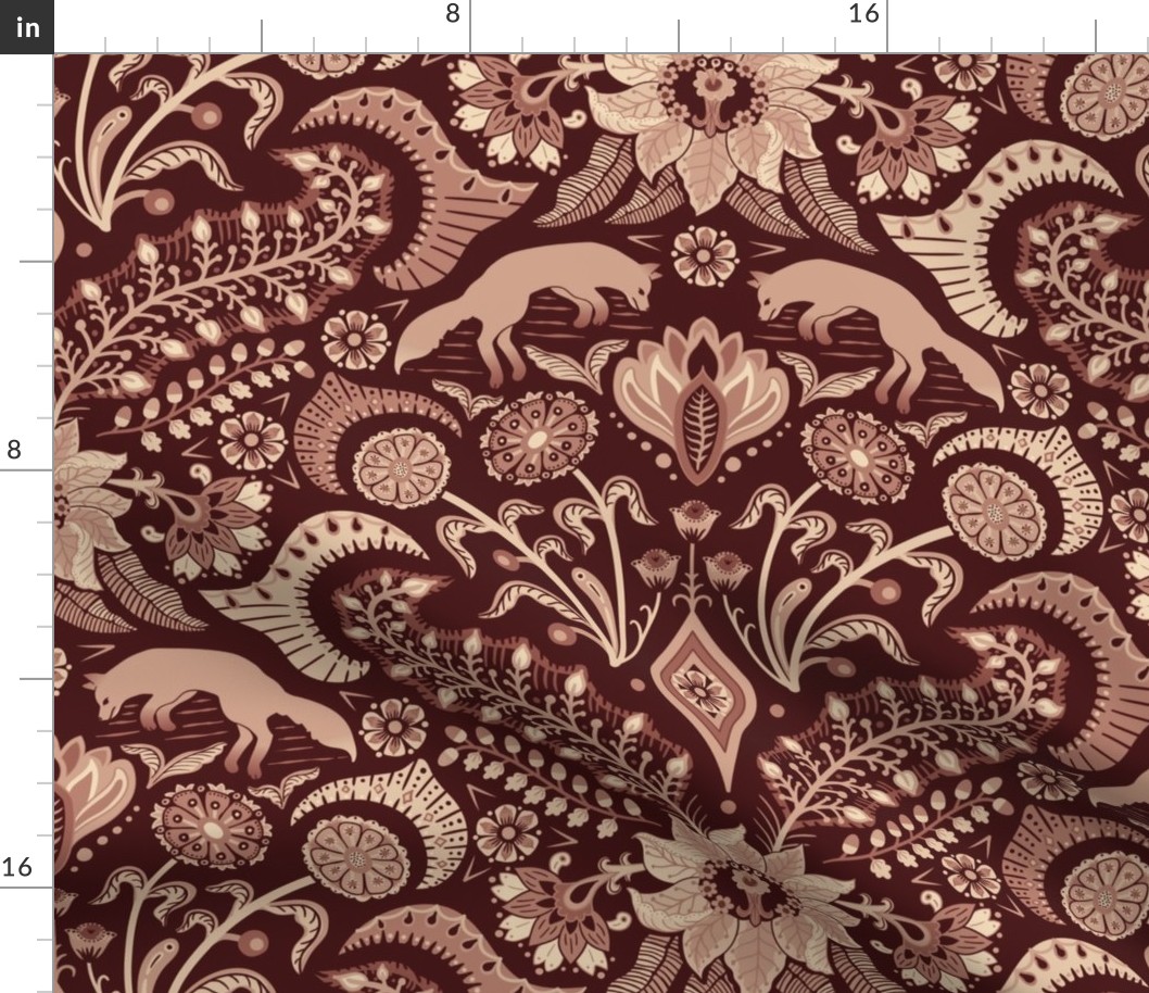 Jumping foxes maximalist folk floral damask - burgundy and warm terracotta clay - large