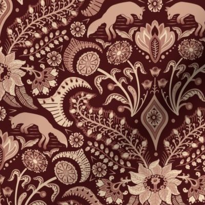 Jumping foxes maximalist folk floral damask - burgundy and warm terracotta clay - medium
