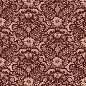 Jumping foxes maximalist folk floral damask - burgundy and warm terracotta clay - medium