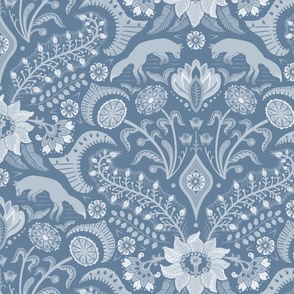 Jumping foxes maximalist folk floral damask - classic dusty blue monochrome  - large