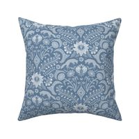 Jumping foxes maximalist folk floral damask - classic dusty blue monochrome  - medium