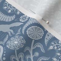 Jumping foxes maximalist folk floral damask - classic dusty blue monochrome  - medium