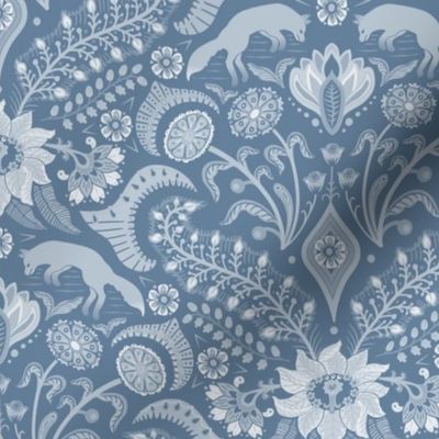 Jumping foxes maximalist folk floral damask - classic dusty blue monochrome  - medium