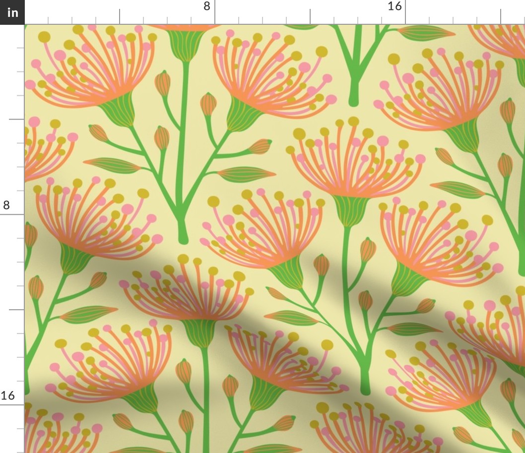 Australian Eucalyptus Floral Botanical in Bright Summer Green Pink Orange Mustard on Cream - LARGE Scale - UnBlink Studio by Jackie Tahara