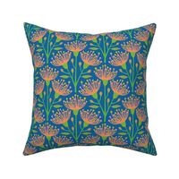 Australian Eucalyptus Floral Botanical in Bright Summer Green Pink Orange Mustard on Royal Blue - SMALL Scale - UnBlink Studio by Jackie Tahara