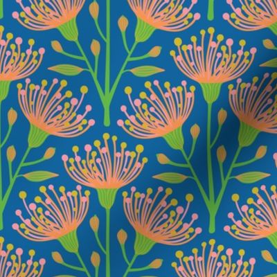 Australian Eucalyptus Floral Botanical in Bright Summer Green Pink Orange Mustard on Royal Blue - SMALL Scale - UnBlink Studio by Jackie Tahara