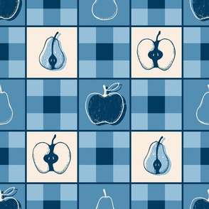 Apples and Pears Vintage Gingham  - blue plaid, blue check, fall, autumn, thanksgiving, fruit plaid, vintage fruit, picnic, blue gingham 