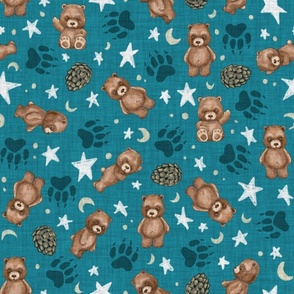 Woodland Brown Bears, Pine Cones, Stars and Moon on Woven Distressed on Dark Aqua Blue