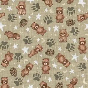 Woodland Brown Bears, Pine Cones, Stars, and Moon on Woven Distressed Khaki Tan, Small Scale