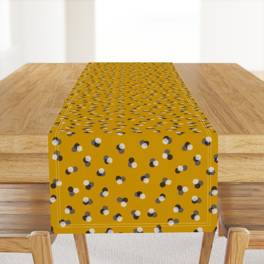 Large scale modern polka dot trio in mustard , cream and grey - for apparel and home decor such as autumn pillows, cozy throws, table linen and pet accessories.