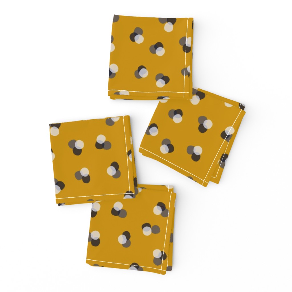 Large scale modern polka dot trio in mustard , cream and grey - for apparel and home decor such as autumn pillows, cozy throws, table linen and pet accessories.