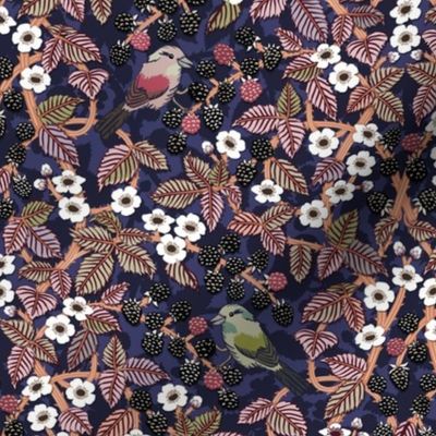 Birds in the blackberry brambles - arts and crafts style trailing vines botanical - greens and reds on blue - medium