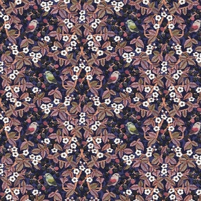 Birds in the blackberry brambles - arts and crafts style trailing vines botanical - greens and reds on blue - medium