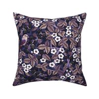 Birds in the blackberry brambles - arts and crafts style trailing vines botanical - purples on blue - large