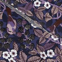 Birds in the blackberry brambles - arts and crafts style trailing vines botanical - purples on blue - large