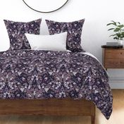 Birds in the blackberry brambles - arts and crafts style trailing vines botanical - purples on blue - large