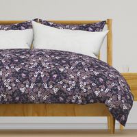 Birds in the blackberry brambles - arts and crafts style trailing vines botanical - purples on blue - large