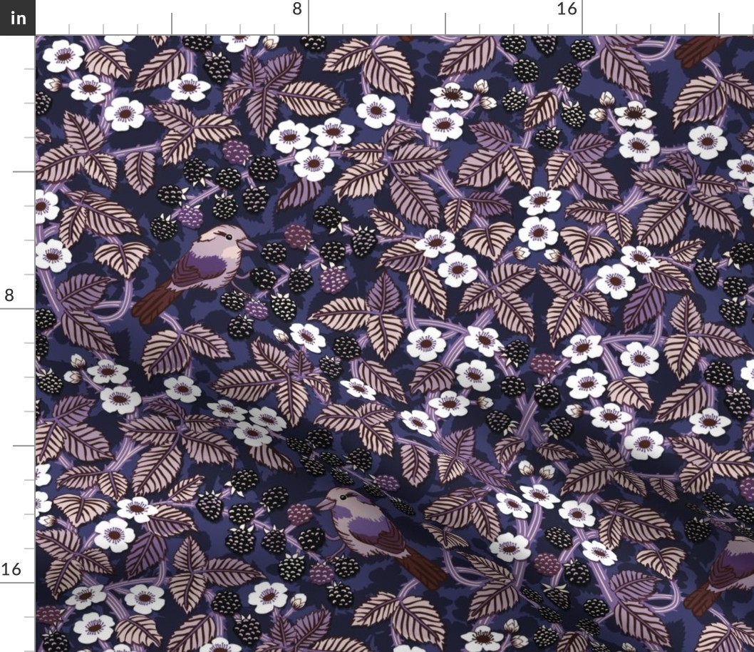 Birds in the blackberry brambles - arts and crafts style trailing vines botanical - purples on blue - large