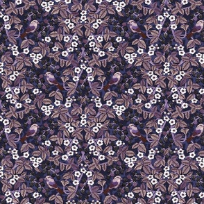 Birds in the blackberry brambles - arts and crafts style trailing vines botanical - purples on blue - medium