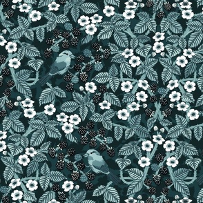 Birds in the blackberry brambles - arts and crafts style trailing vines botanical - dark teal - large