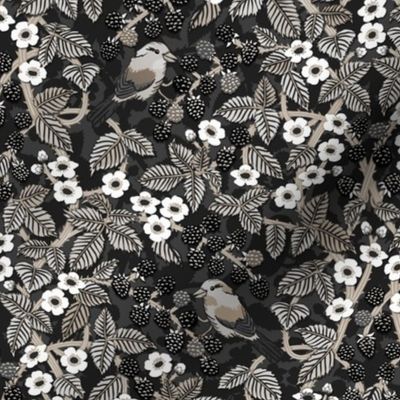Birds in the blackberry brambles - arts and crafts style trailing vines botanical - monochrome black, grey sepia - medium