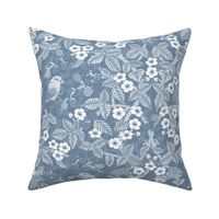 Birds in the blackberry brambles - arts and crafts style trailing vines botanical - dusty blue monochrome - large