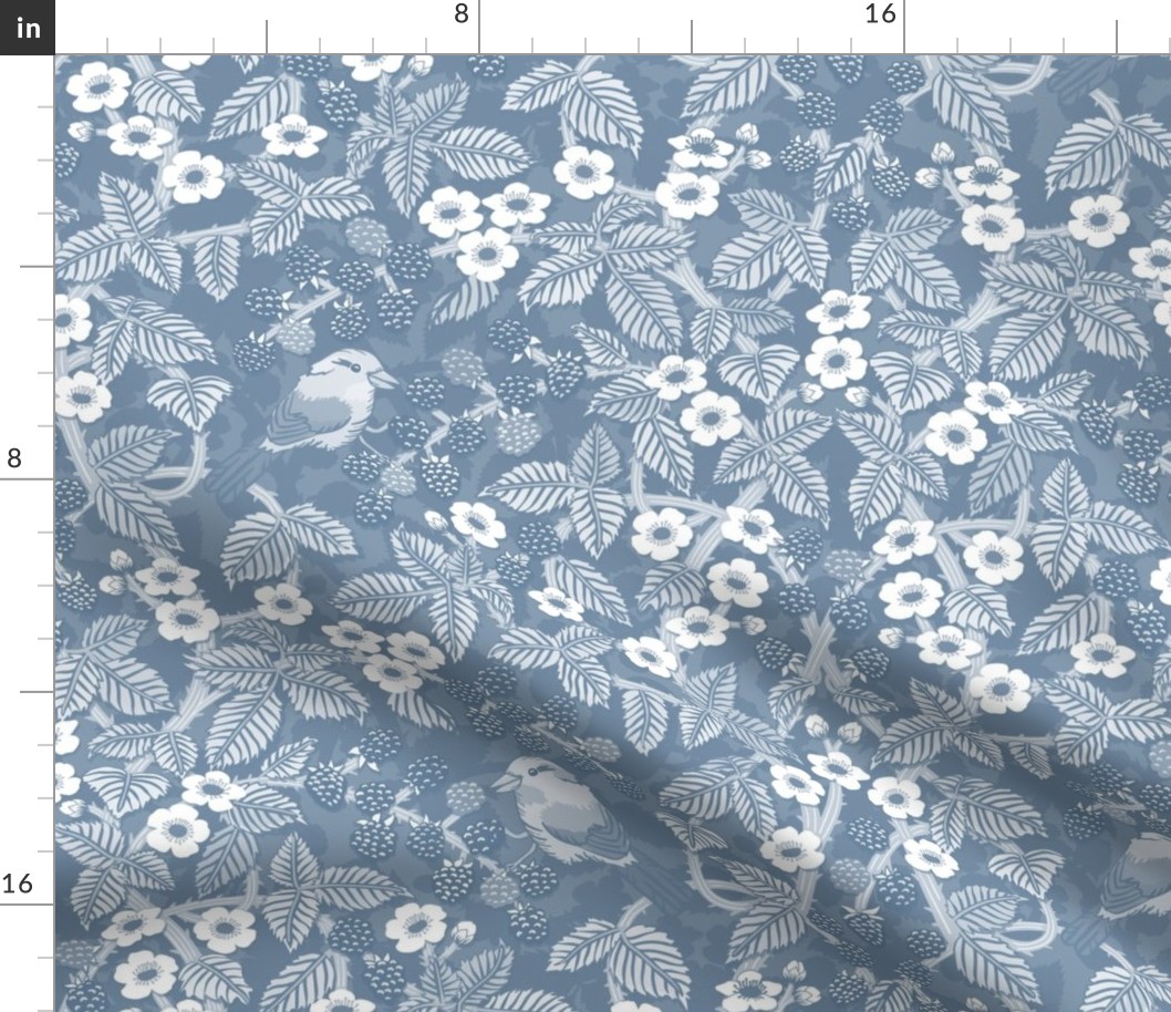 Birds in the blackberry brambles - arts and crafts style trailing vines botanical - dusty blue monochrome - large