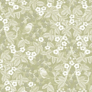 Birds in the blackberry brambles - arts and crafts style trailing vines botanical - pale citrine monochrome - large