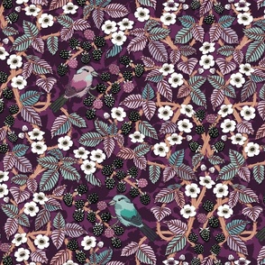 Birds in the blackberry brambles - arts and crafts style trailing vines botanical - aqua, pink and berry - large