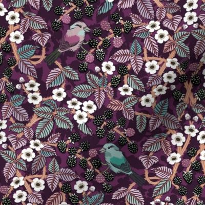Birds in the blackberry brambles - arts and crafts style trailing vines botanical - aqua, pink and berry - medium