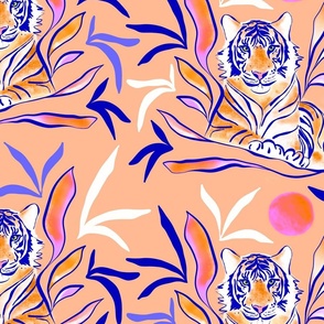 LARGE - Wild Tiger in Sunny Nature 2. Peach & Blue