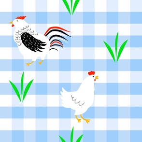 Kitchen WP Hens Rooster on blue gingham