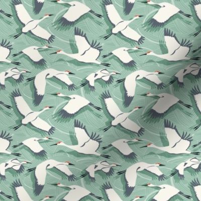 Majestic Migration Cranes Mint Green Small Scale