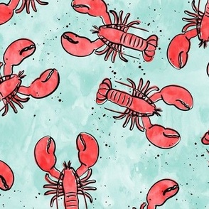 lobsters - watercolor & ink nautical summer - red on light aqua - LAD22