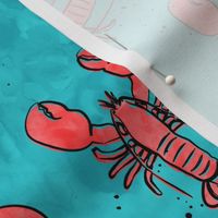 lobsters - watercolor & ink nautical summer - red on blue - LAD22